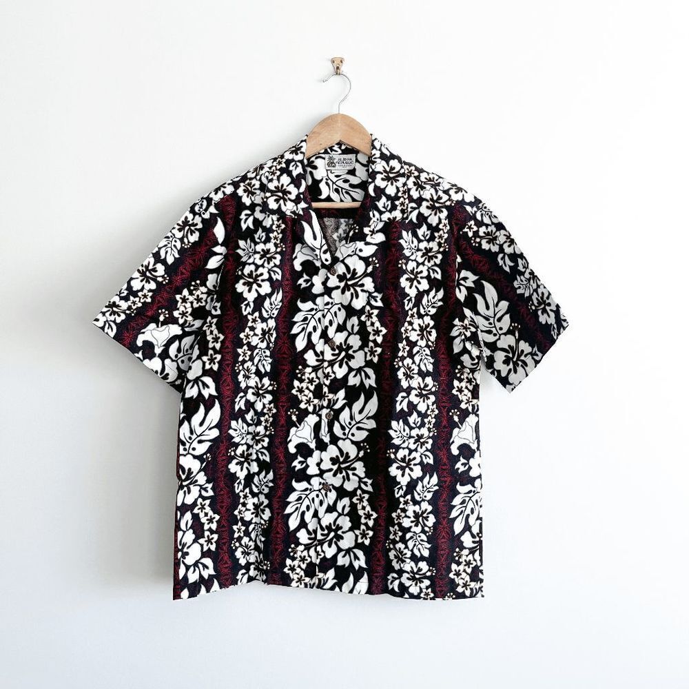 Aloha Republic Hawaiian Men' s Shirt Floral Summer Tropical Black White Large